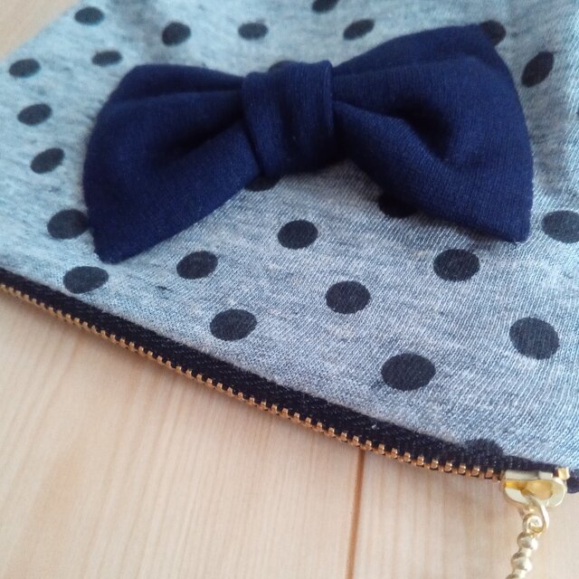 ニット生地16cm☆ドット柄のポーチ ポケット付き 水玉模様