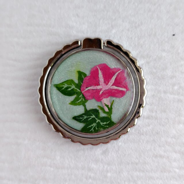 ピンク色の朝顔＊手描きレジンのスマホリング