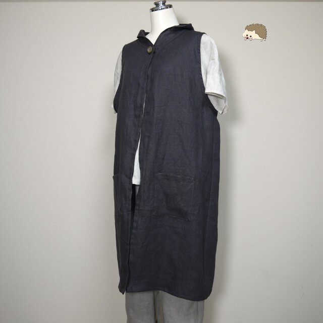 カラーリネン◆お飾りフードのロングジレ◆チャコール◆フリーサイズ（中厚、リネン100％）～ジレ・ベスト～