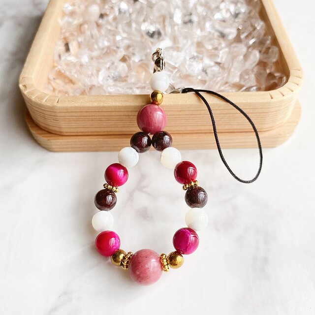 【再販6点以上】愛情 友情 縁を繋ぐ ロードナイト・ピンクタイガーアイ・パワー・ストーン 天然石ストラップ No51S