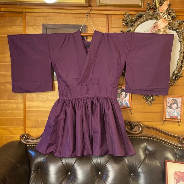 色無地 着物 ミニ丈 ワンピース ドレス 和ロリ 2部式作り帯 名古屋帯