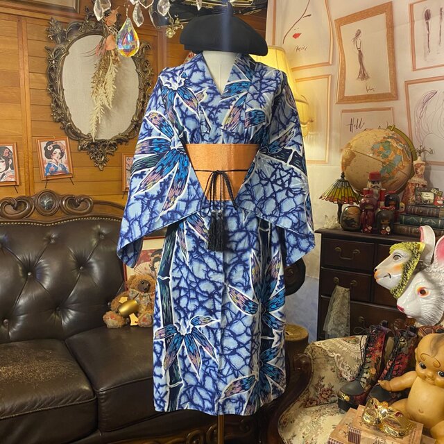 着物リメイクワンピース　　浴衣からワンピース 浴衣リメイク ワンピース／ドレス／帯ベルト 和洋折衷 群青から