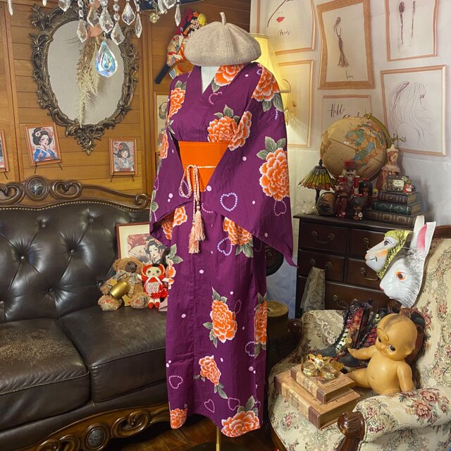 浴衣リメイク ロング ワンピース／ドレス／帯ベルト 和洋折衷 深みの