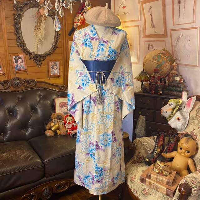 アジア風デザインのロングドレス浴衣リメイクワンピース 浴衣リメイク ロング ワンピース ドレス 帯サッシュベルト付 和洋折衷