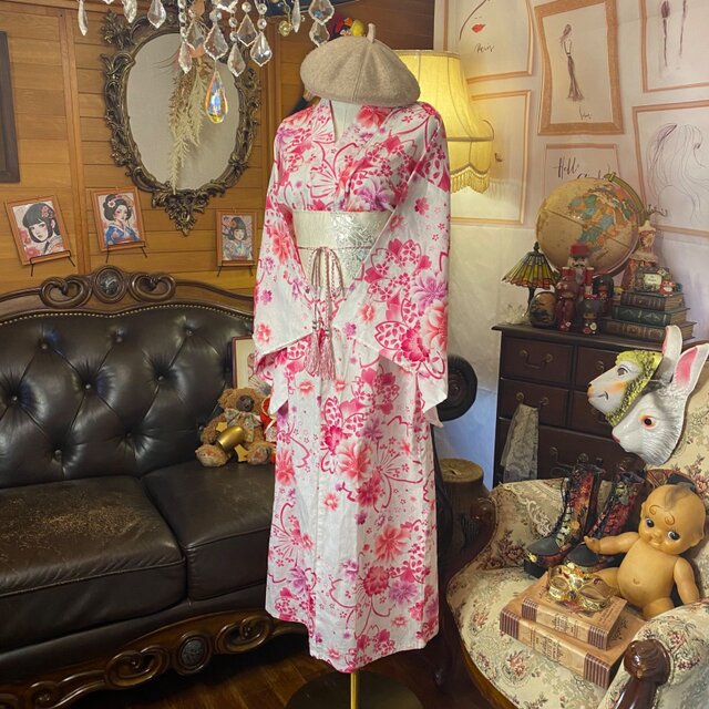 浴衣リメイク ロング ワンピース ドレス 名古屋帯ベルト付 和洋折衷