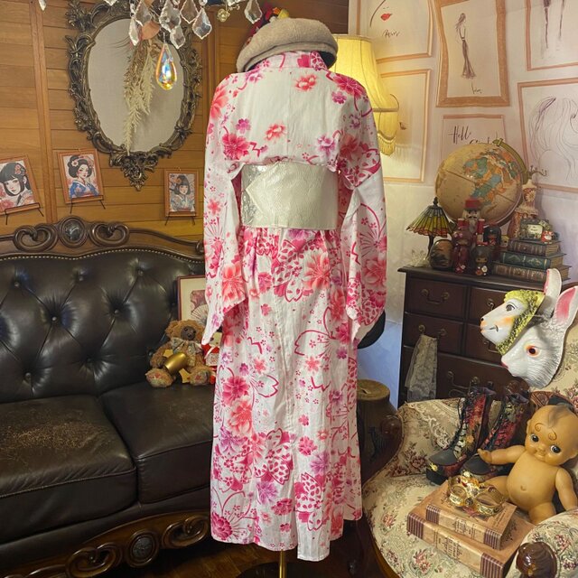 浴衣リメイク ロング ワンピース ドレス 名古屋帯ベルト付 和洋折衷