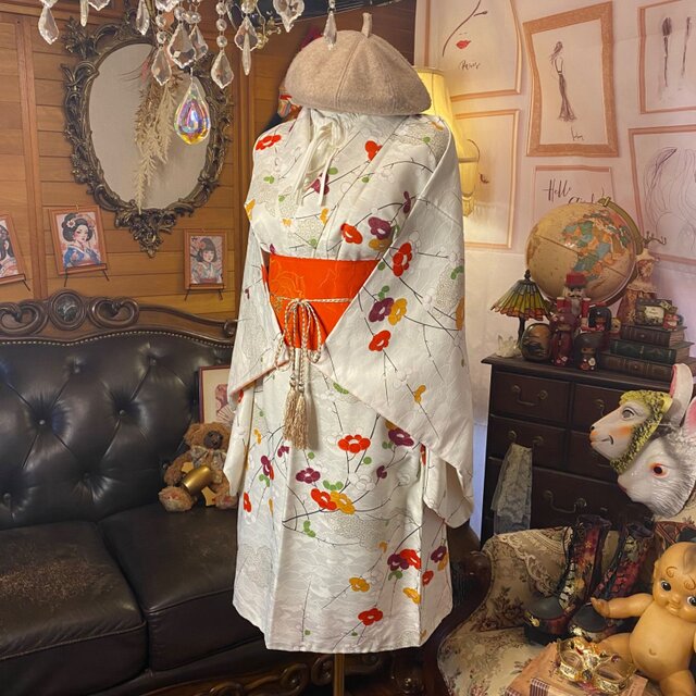 着物リメイク ミニミディ ワンピース ドレス／化繊素材・帯サッシュ
