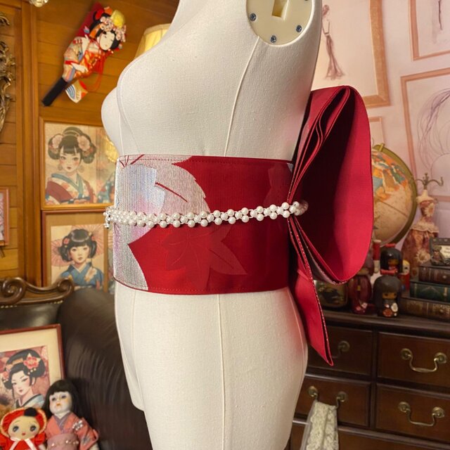 和洋折衷 2部式 作り帯 名古屋帯 リメイク ハンドメイド 深紅の綾錦に