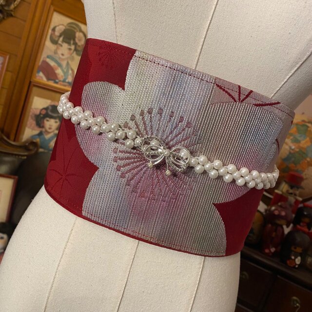 和洋折衷 2部式 作り帯 名古屋帯 リメイク ハンドメイド 深紅の