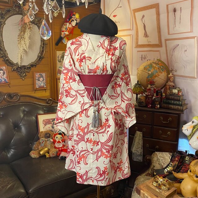 浴衣リメイク ミニミディ ワンピース ドレス 帯ベルト 和洋折衷 唐草の