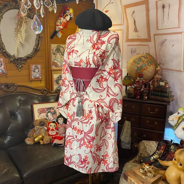 浴衣リメイク ミニミディ ワンピース ドレス 帯ベルト 和洋折衷 唐草の