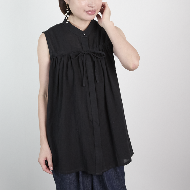 サラッと軽くて通気性◎ ライトコットン リボン ノースリーブ シャツ　ブラック　0735BK