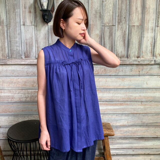 サラッと軽くて通気性◎ ライトコットン リボン ノースリーブ シャツ　ネイビー　0735NV