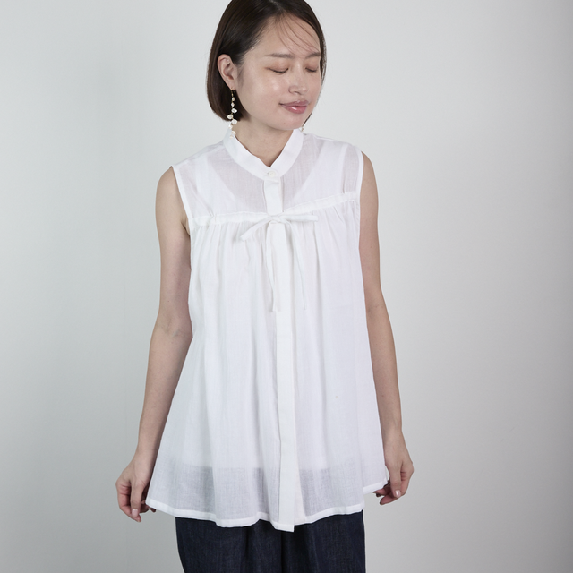 サラッと軽くて通気性◎ ライトコットン リボン ノースリーブ シャツ　ホワイト　0735WH