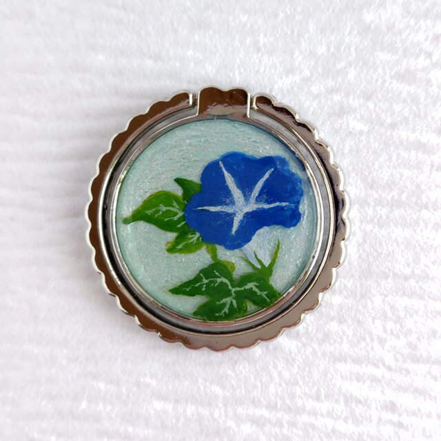 青い朝顔＊手描きレジンのスマホリング