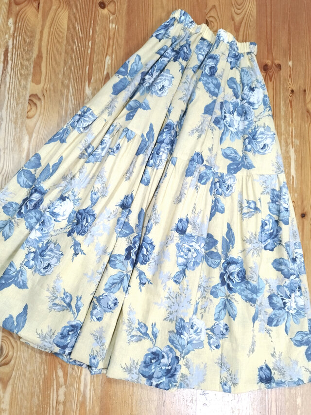 綿麻ウエストゴム　ギャザーフレアスカート（黄）