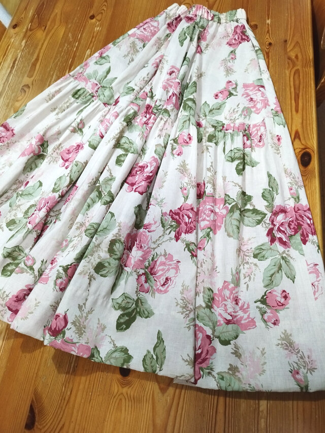 綿麻ウエストゴム　ギャザーフレアスカート（ベージュ）