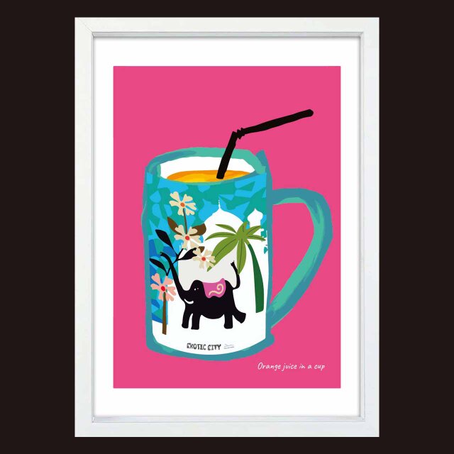 カップでジュース　ゾウ　送料無料 　イラスト　たのしくなるお部屋　ポスター　アートポスター　アートsei検索新着順　3449