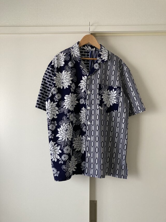 浴衣のアロハシャツ　パッチワーク　菊