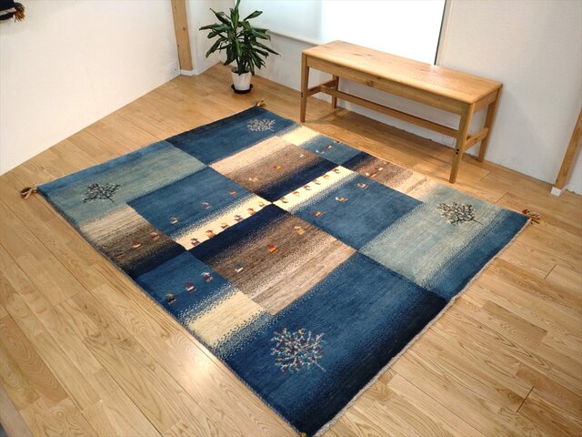 ペルシャ ギャッベ リビング ラグ 190x150cm 青色 グレー ザクロ ペルシャ ギャッベ リビング ラグ 190x150cm 青色 グレー ザクロ