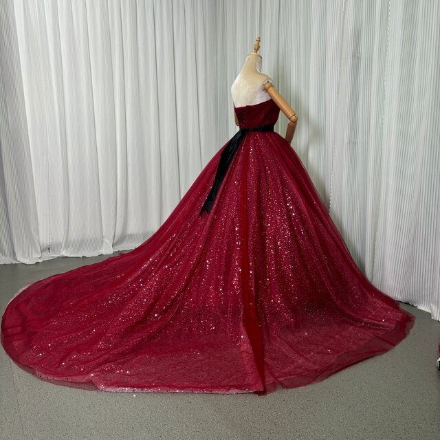 カラードレス ボルドー色 ベアトップ キラキラスパンコール ロング
