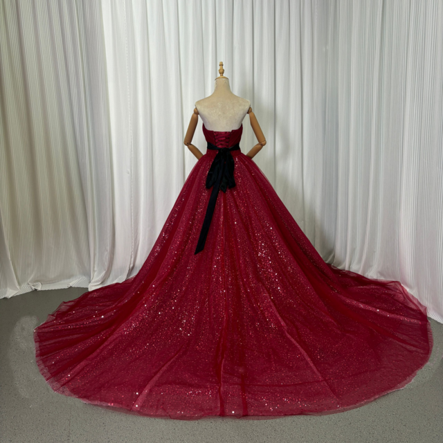 カラードレス ボルドー色 ベアトップ キラキラスパンコール ロング