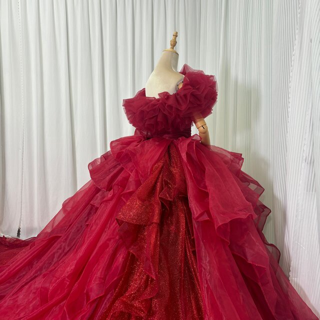 ショルダーリボン ボルドードレス 上品！カラードレス ボルドー色 オフショルダー キラキラ