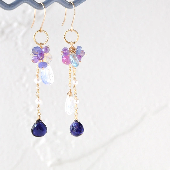 「星影のゆらめき」アイオライトx彩り天然石ピアス14kgf