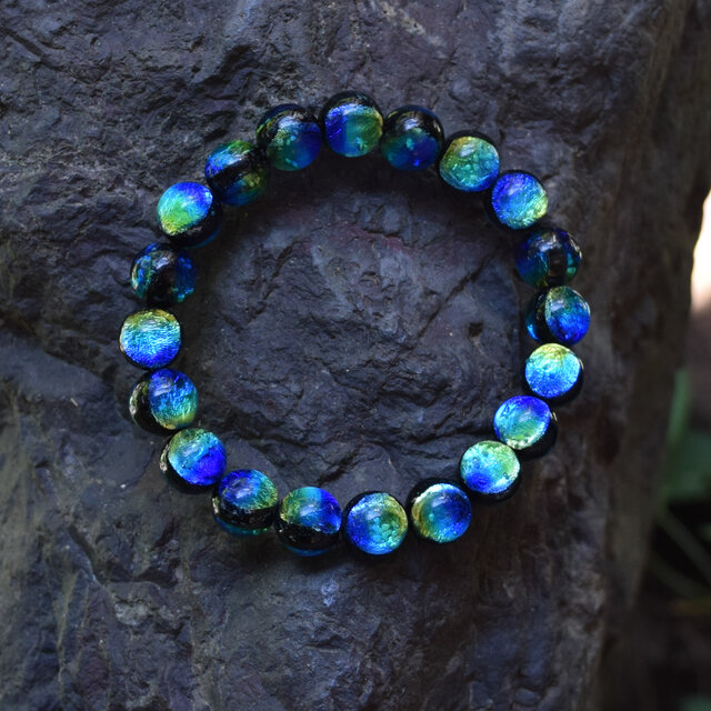 10mm 沖縄ケラママリン 琉球蛍石ガラス 腕輪 ブレスレット 数珠 蓄光