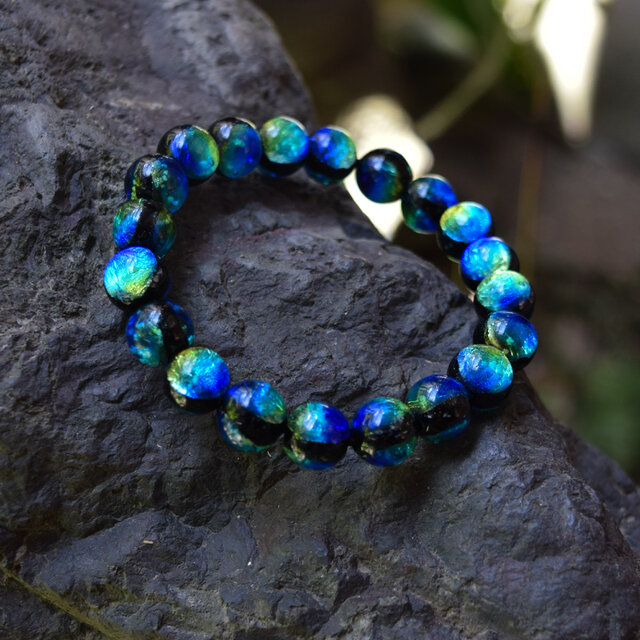 ケラマブルー 10mm ブレスレット 蓄光 ホタルガラス ホタル石 沖縄とんぼ玉 とんぼガラス