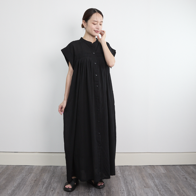 【着丈調整可能】ライトコットン ピンタックギャザー シャツワンピース　ブラック　0701BK
