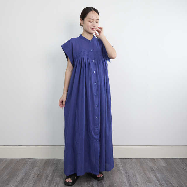 【着丈調整可能】ライトコットン ピンタックギャザー シャツワンピース　ネイビー　0701NV