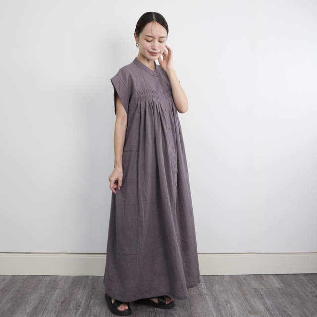 【着丈調整可能】ライトコットン ピンタックギャザー シャツワンピース　レトロパープル　0701R.Pp