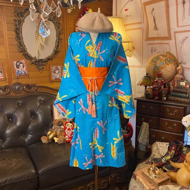 浴衣ドレス リメイク品 浴衣リメイク ミニミディ ワンピース ドレス 和洋折衷 ターコイズ