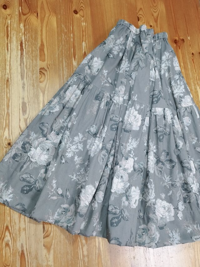 綿麻ウエストゴム　ギャザーフレアスカート（グレー）