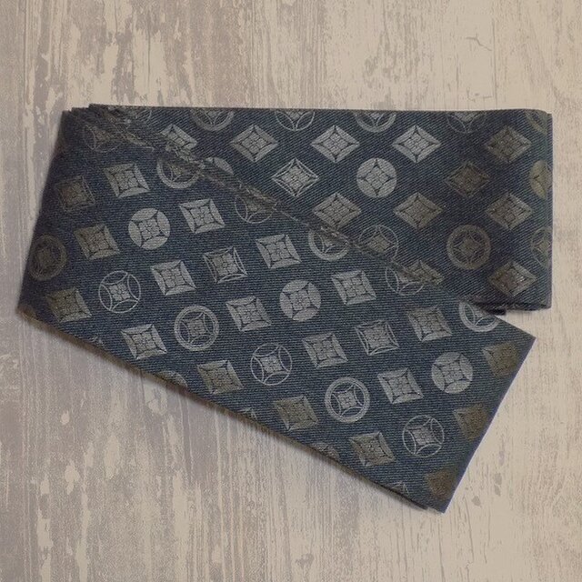 一点もの　再生産予定無し　メンズ角帯　デニム製　家紋七宝　墨銀色