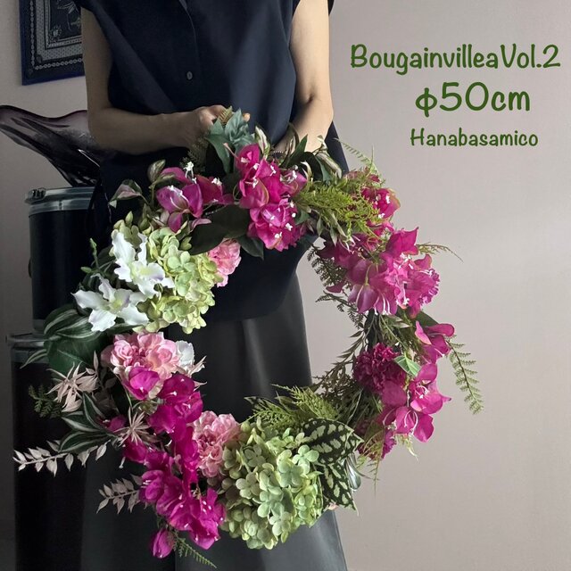 肉厚な50cmオブジェ！ブーゲンビリアやオーキッド、ピンクの花を使った南国リース●レストランやサロンにも