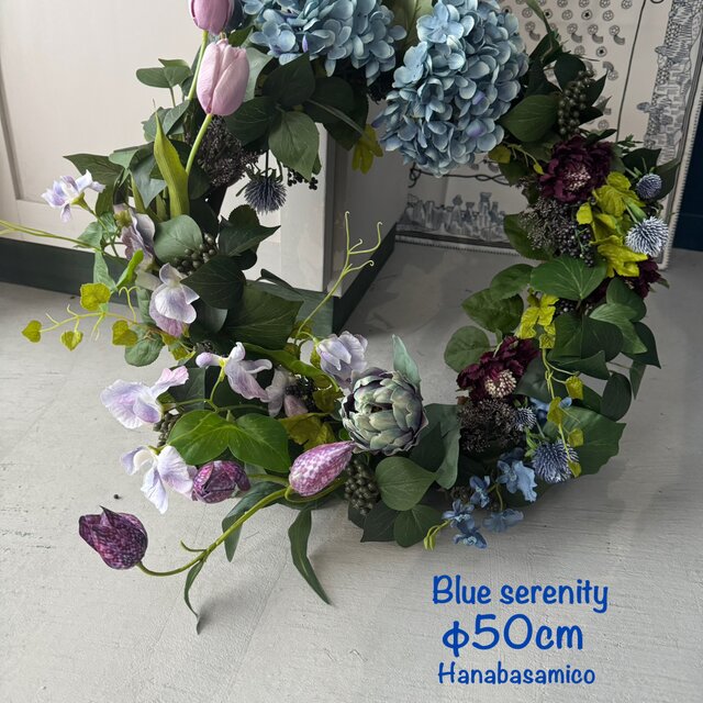 【迫力の５０cm！】ジャパンブルーで和モダンに！！パーティーにも最適なアジサイの爽やかリース　ボリューミーな作品です