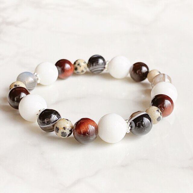 【販売6点以上】根気を養い目標達成へ ホワイトオニキス・レッドタイガーアイ・天眼石 天然石 ブレスレット No277