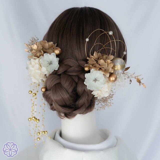 白×金と枝垂れパールの髪かざり GW70 白無垢 成人式 卒業式 成人式髪