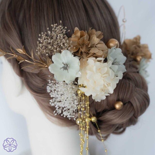 白×金と枝垂れパールの髪かざり GW70 白無垢 成人式 卒業式 成人式髪