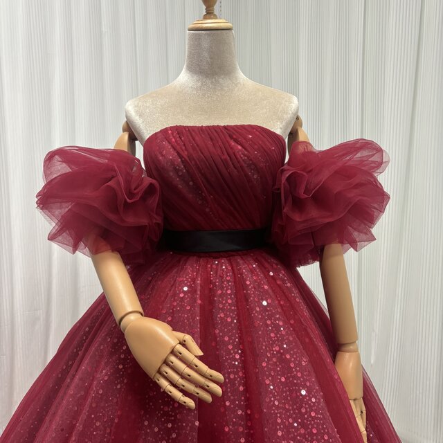カラードレス ボルドー色 取り外しオフショルダー キラキラ