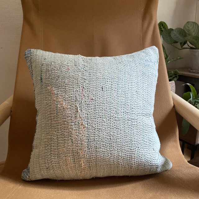 40×40 インドカンタキルトヴィンテージクッションカバー ブルー