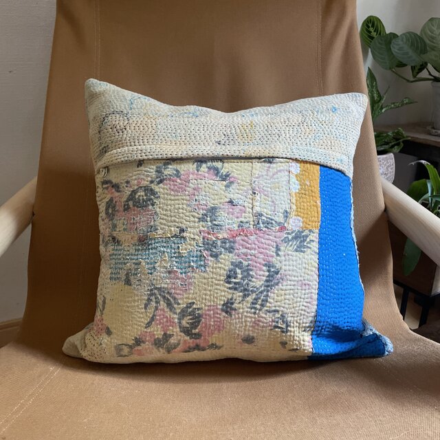 40×40 インドカンタキルトヴィンテージクッションカバー ブルー