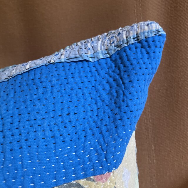 40×40 インドカンタキルトヴィンテージクッションカバー ブルー