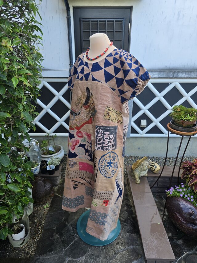 着物リメイク ハンドメイド 手ぬぐい 柿渋染め パッチワーク