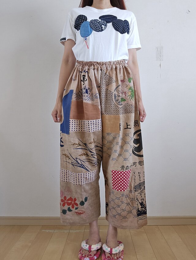 着物リメイク　ハンドメイド　柿渋染め　てぬぐい　パンツ