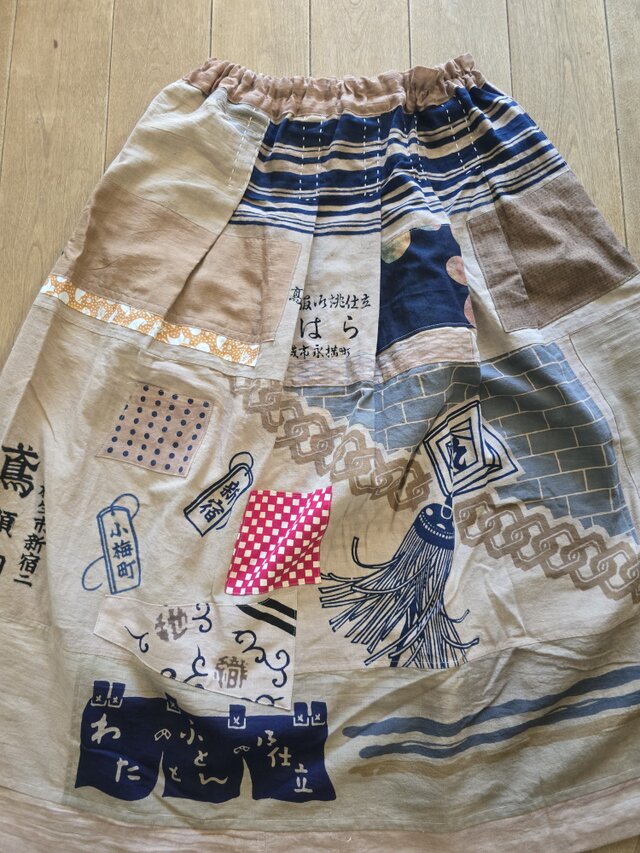 着物リメイク ハンドメイド 手ぬぐい 柿渋染め パッチワーク スカート
