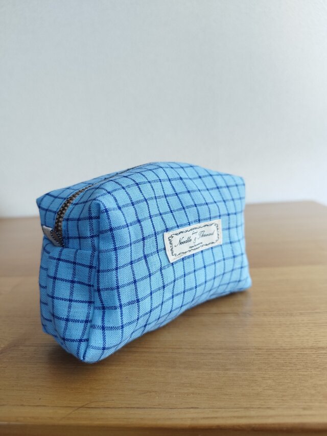 ミニボックスポーチ ✺ スカイブルー 格子柄