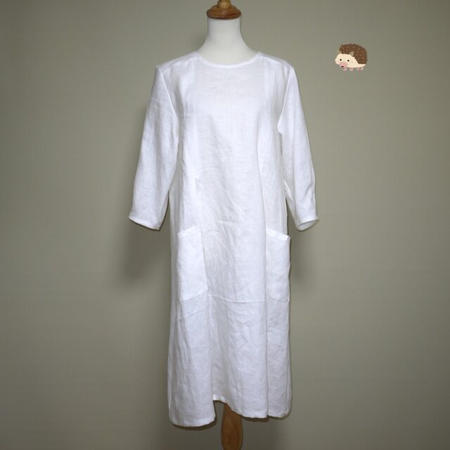 カラーリネン★クラシカルワンピ　七分袖◆オフホワイト◆S・M・L・LL（中厚、リネン100％）